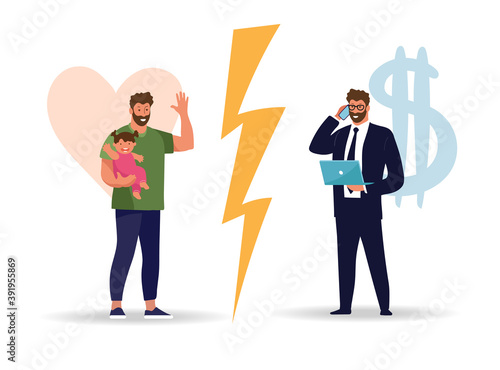 A man chooses between family and work. The problem of male priorities between career and family, business or health. Flat vector illustration