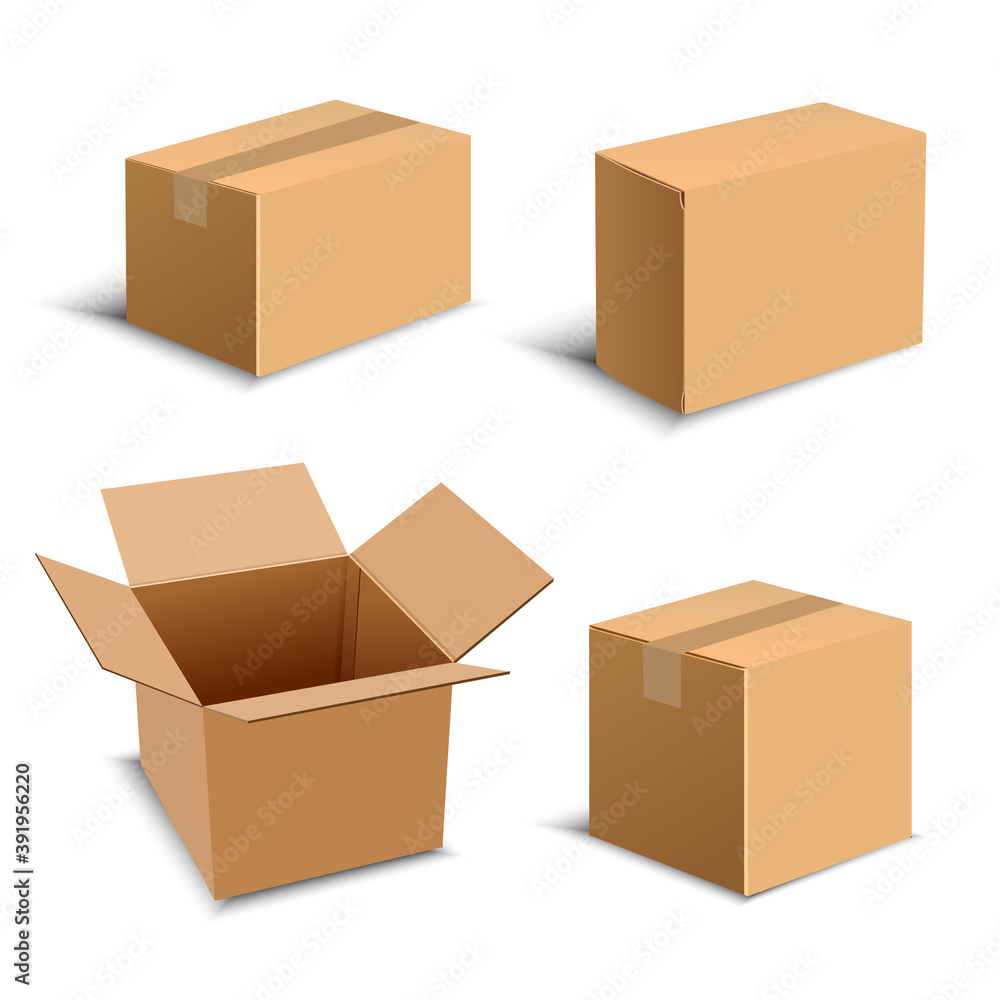 Fototapeta premium Set of four realistic brown package Box. Design elements for online delivery layout. Vector