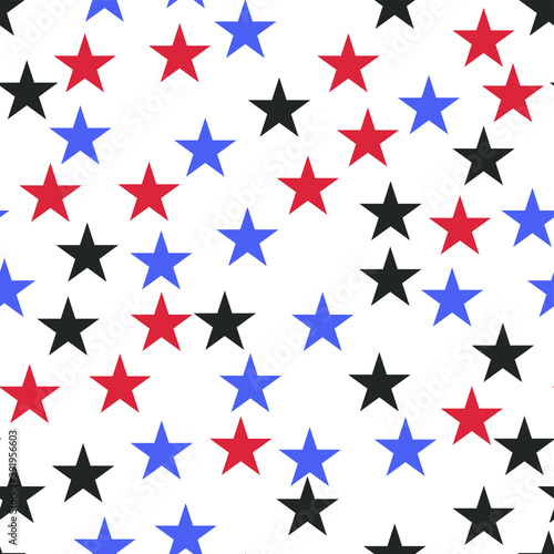 Seamless vector cosmic pattern with chaotical star shape elements. Five angled stars background. Flat night sky wallpaper. For design, fabric, textile, cover.