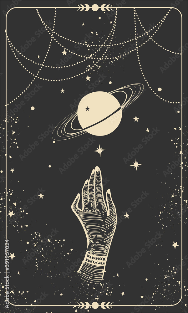 Tarot card with hand and planet. Magic card, boho design, tattoo, engraving, cover for the witch. Golden mystical hand drawing on a black background with stars - obrazy, fototapety, plakaty 