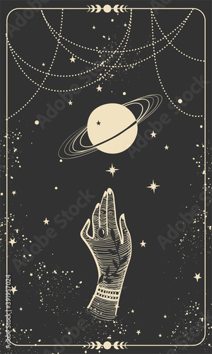 Tarot card with hand and planet. Magic card, boho design, tattoo, engraving, cover for the witch. Golden mystical hand drawing on a black background with stars