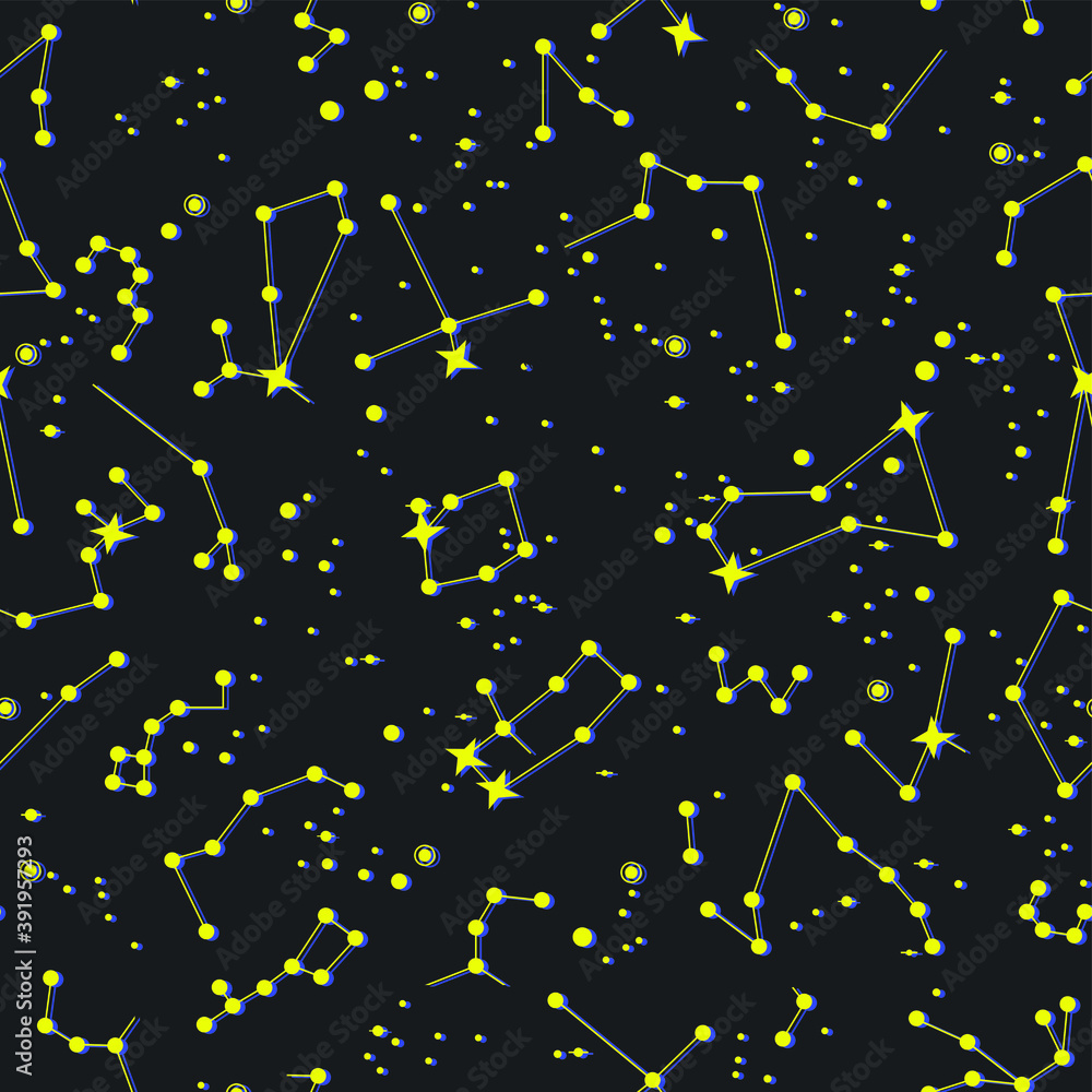 Fototapeta premium Stars/ space/ cosmic/ zodiacal/ universe thin line elements pattern. Vector seamless stellar constellation background. Astronomy/ Astrology objects. For fabric, textile, banner, design.