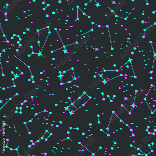 Stars/ space/ cosmic/ zodiacal/ universe thin line elements pattern. Vector seamless stellar constellation background.  Astronomy/ Astrology objects. For fabric, textile, banner, design.