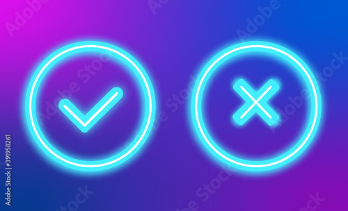 Modern icon check and cross out the neon sign for your project on a purple gradient background.