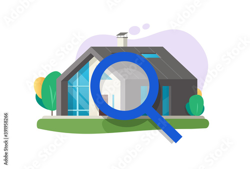 Home or house inspection review service vector illustration, property apartment search or find idea flat, quality examine of architecture construction via magnifying glass, rent or buy research