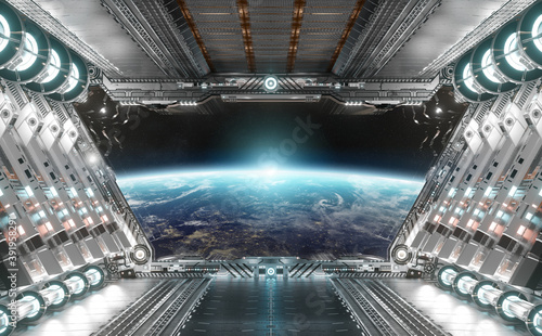 Fototapeta Naklejka Na Ścianę i Meble -  White and silver futuristic spaceship interior with window view on planet Earth 3d rendering