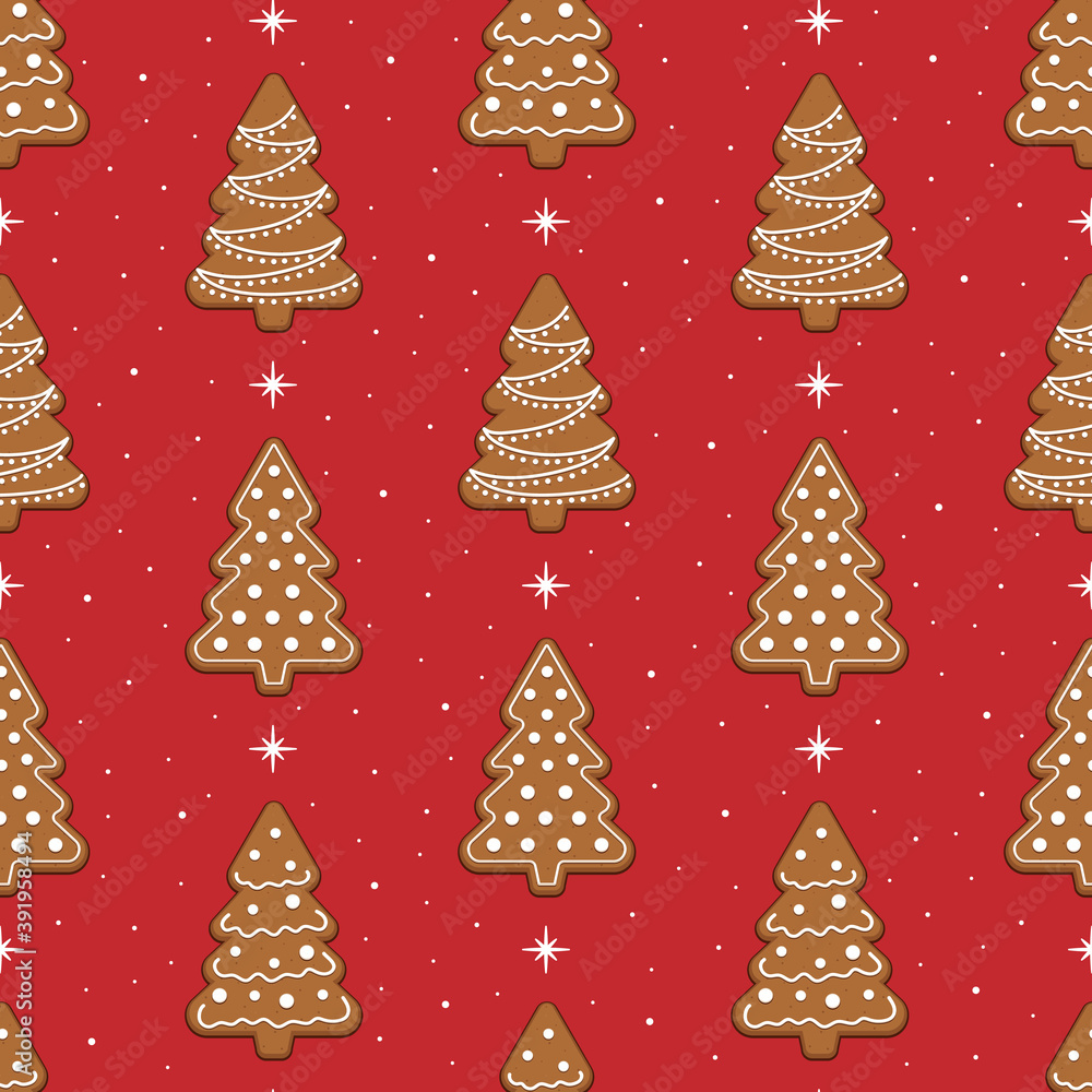 Seamless pattern with gingerbread cookies with Christmas trees. Cute Christmas background.