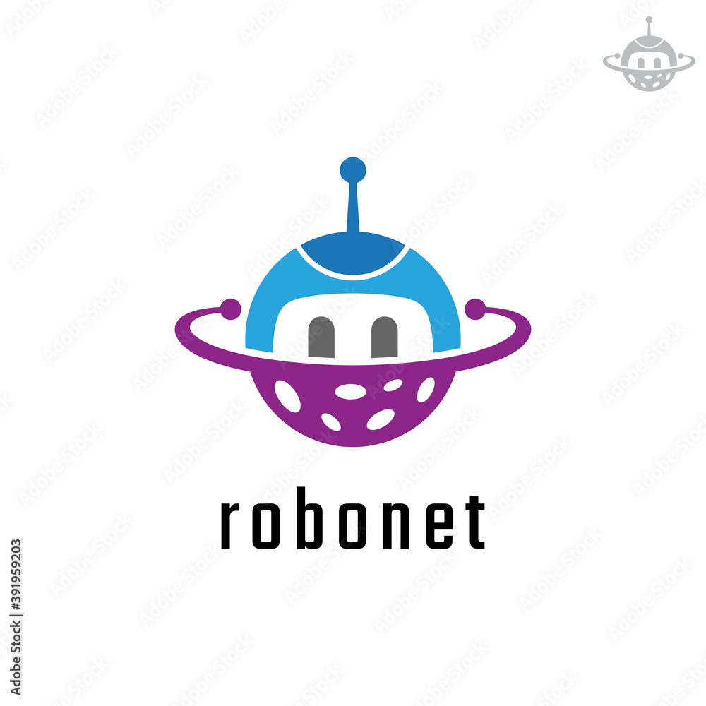 Robot and planet logo design concept. Cute robotic cartoon mascot logo template Robot and planet logo design concept. Cute robotic cartoon mascot logo template