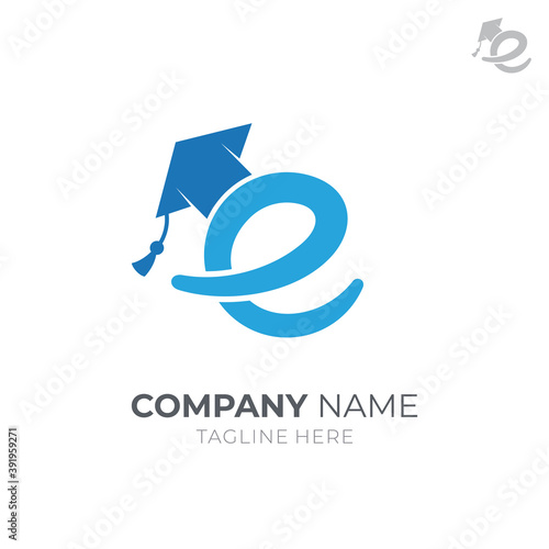 Educational logo template, initial letter lowercase e with graduation cap/toga, simple flat logo style blue color