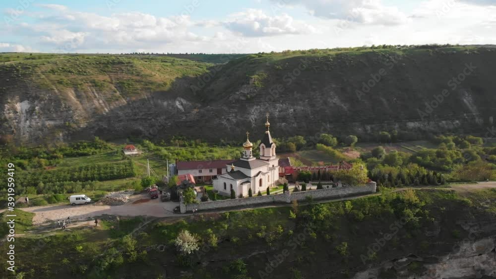 Aerial drone view of Orheiul Vechi landscape and church in Moldova Aerial drone view of Orheiul Vechi landscape and church in Moldova