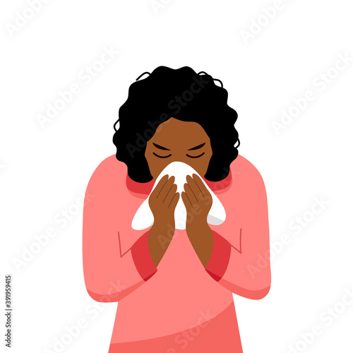 Black woman sneezing concept vector on white background. African woman in pink dress blowing in handkerchief. Sick woman sneeze. Season allergy. COVID-19 Coronavirus infection.