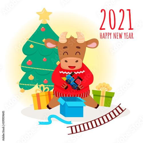 Little bull opens Christmas gift with toy train  Symbol of 2021 year. Vector illustration for calendar  greeting card  holiday card  stikers
