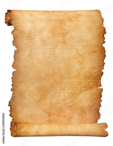 Old paper manuscript or papyrus isolated on a white background. Clipping path included.  photo