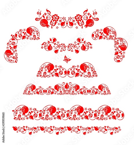 Vintage red floral borders, corners and headers set decoration with pomegranates fruit on white background