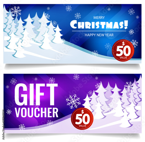 hristmas gift voucher. On background of winter snow forest. Christmas Banner to advertise the store. Vector horizontal promo illustration.