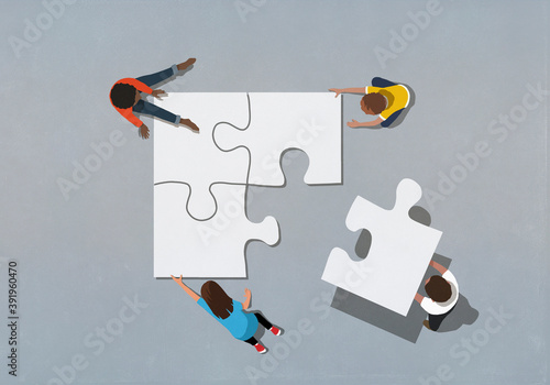 Kids finishing puzzle with missing piece
