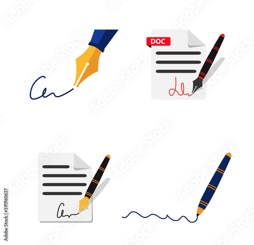 A fountain pen signs the document. A paper sheet with a signature. . Sign the document. Gold fountain pen isolated on white background. Vector illustration.