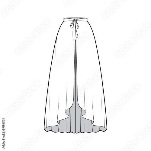 Over Skirt circular fullness technical fashion illustration with bow, floor ankle lengths, thin waistband. Flat bottom template front, white color style. Women men unisex CAD mockup