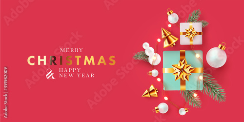 Xmas modern design with 3d realistic golden turquoise and white gifts, pine branches, golden conical Christmas tree, balls on red background. Christmas greeting card, poster, holiday cover, web banner