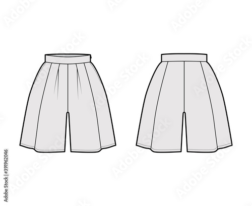 Shorts skirt culotte technical fashion illustration with mini length, oversize silhouette, thick waistband, side zipper. Flat bottom template front back grey color style. Women, men, unisex CAD mockup