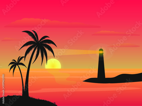 beautiful sunset beach with lighthouse vector