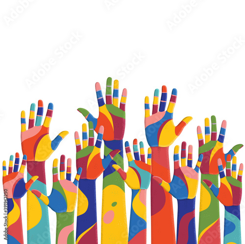 Colorful up hands. Volunteers. Vector illustration, an association, unity, partners, company, friendship, friends party background. Vector illustration photo