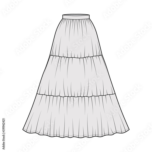 Skirt gypsy dirndl technical fashion illustration with maxi floor length silhouette, circular fullness. Flat bottom template front, grey color style. Women, men, unisex CAD mockup