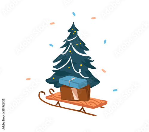 Hand drawn vector abstract stock flat Merry Christmas,and Happy New Year cartoon festive card with cute illustrations of Xmas sleigh and presents box gifts with xmas tree isolated on white background