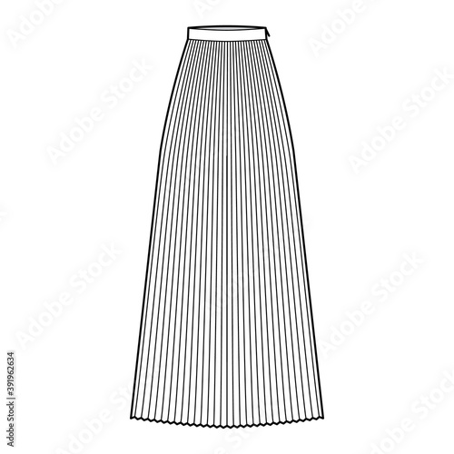 Skirt sunray pleat maxi technical fashion illustration with floor ankle length silhouette, circular fullness. Flat bottom template front, white color style. Women, men, unisex CAD mockup