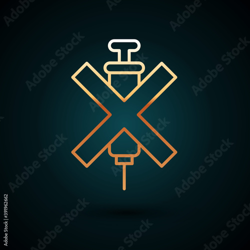 Gold line No doping syringe icon isolated on dark blue background. Vector.
