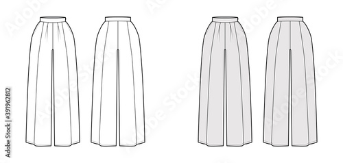 Pants skirt culotte gaucho technical fashion illustration with floor length, oversize silhouette, side zipper. Flat bottom template front, back, white grey color style. Women, men, unisex CAD mockup