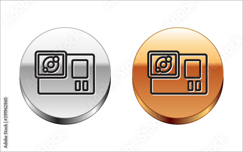 Black line Action extreme camera icon isolated on white background. Video camera equipment for filming extreme sports. Silver-gold circle button. Vector.