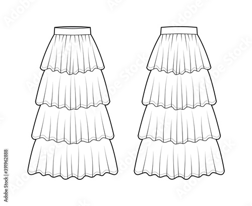 Skirt 4 layered flounce maxi technical fashion illustration with floor ankle lengths silhouette, circular fullness. Flat bottom template front, back white color style. Women men unisex CAD mockup