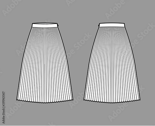 Skirt sunray pleat technical fashion illustration with below-the-knee midi length silhouette, circular fullness. Flat bottom template front, back, white color style. Women, men, unisex CAD mockup