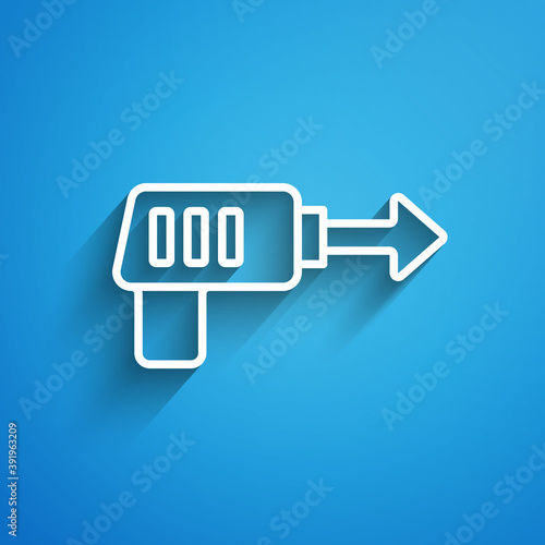White line Fishing harpoon icon isolated on blue background. Fishery manufacturers for catching fish under water. Diving underwater equipment. Long shadow. Vector.