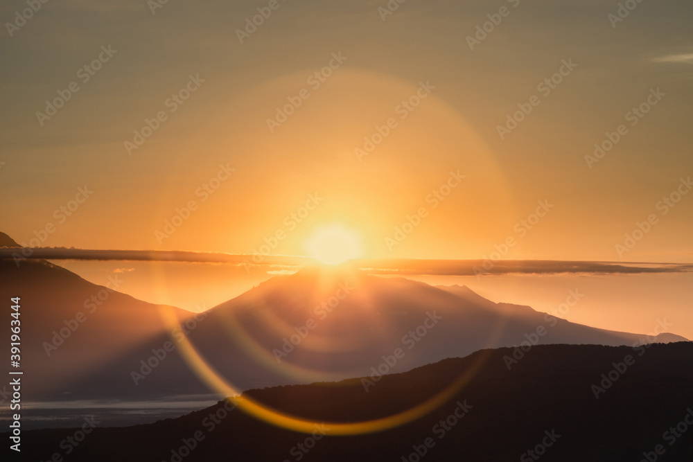Kamchatka, reflection of the sun's rays on the camera lens