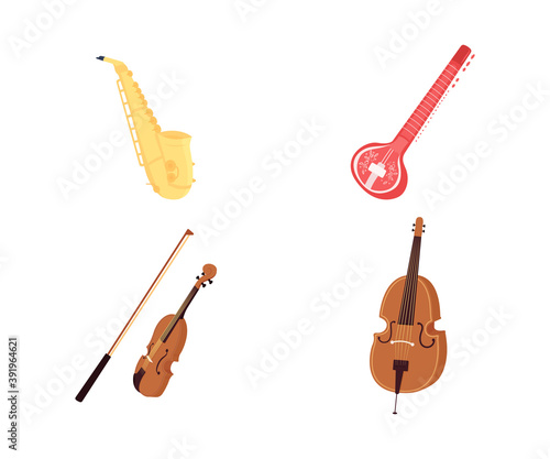 Classical musical instruments flat color vector object set. Saxophone, violin concert. Traditional music isolated cartoon illustration for web graphic design and animation collection