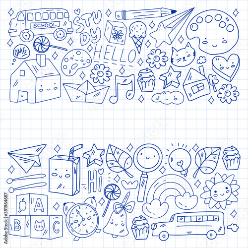 Vector pattern with school icons. Internet education, e-learning. Digital technology.