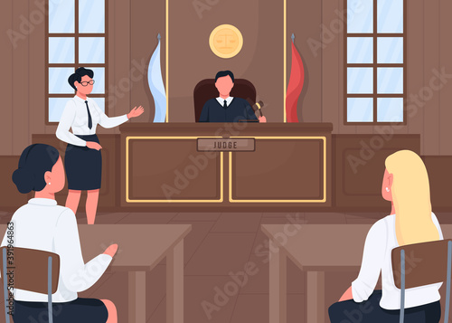 Attorney in legal court flat color vector illustration. Judgement procedure. Lawsuit hearing. Judge, witness and prosecutor 2D cartoon characters with courthouse interior on background