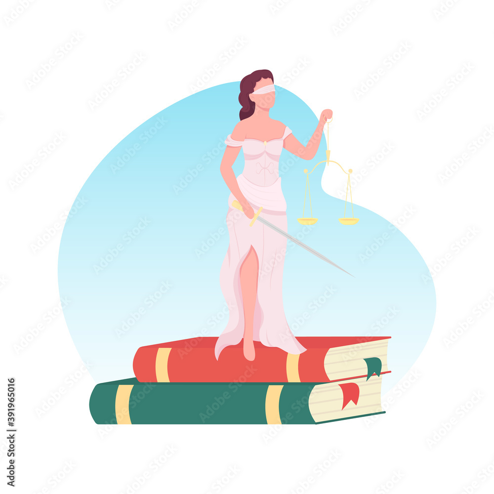 Blind justice woman 2D vector web banner, poster. Courthouse trial. Blindfold goddess. Femida with scales flat character on cartoon background. Law and judgement printable patch, colorful web element - obrazy, fototapety, plakaty 