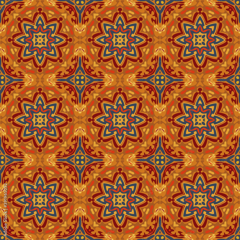 Style bright color seamless mandala pattern in orange red blue for decoration, paper wallpaper, tiles, textiles, neckerchief,  carpet, rug, pillows. Home decor, interior design, cloth design.