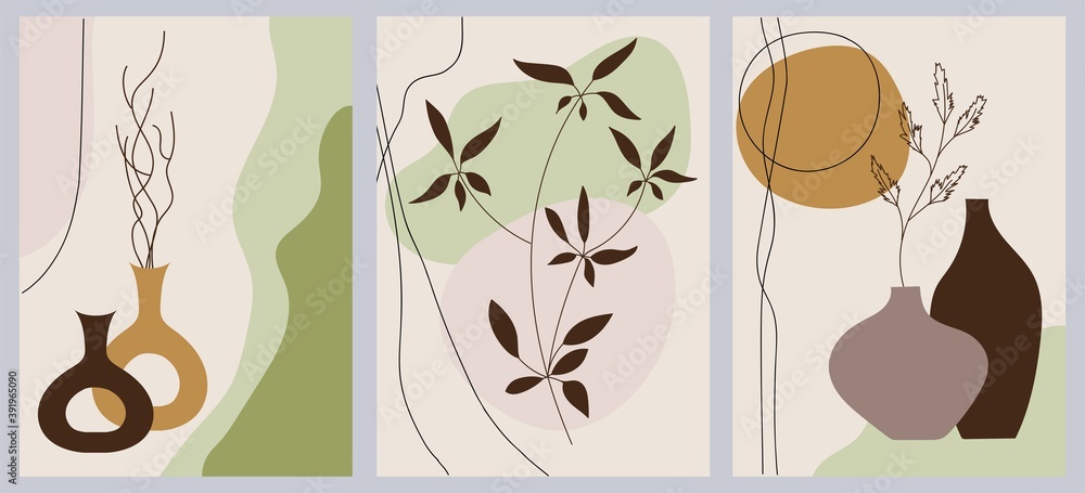 Set of abstract creative minimalist hand painted illustrations with decorative branches, leaves and flowers. Set of abstract creative minimalist hand painted illustrations with decorative branches, leaves and flowers.