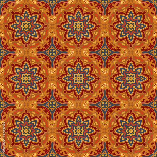 Style bright color seamless mandala pattern in orange red blue for decoration  paper wallpaper  tiles  textiles  neckerchief   carpet  rug  pillows. Home decor  interior design  cloth design.
