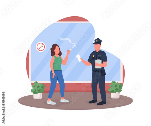 Penalty for smoking 2D vector web banner, poster. Police officer with woman smoker flat characters on cartoon background. Legal regulation in public printable patch, colorful web element