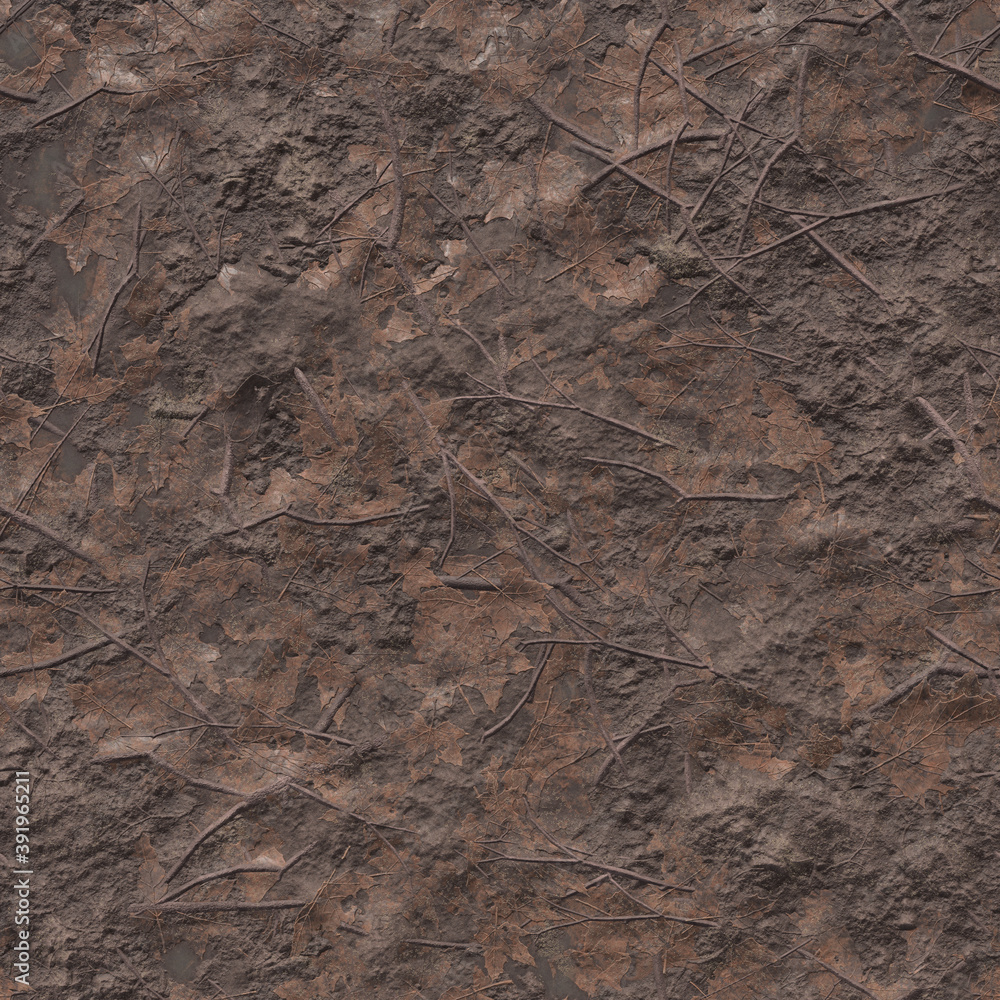 The background is dark soil with dark brown leaves mixed with mud. Top view of the ground and darkened branches and leaves. 3D-rendering The background is dark soil with dark brown leaves mixed with mud. Top view of the ground and darkened branches and leaves. 3D-rendering