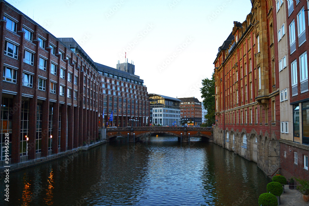 The canal, bridge and office buildings in Hamburg, Germany, Europe.
