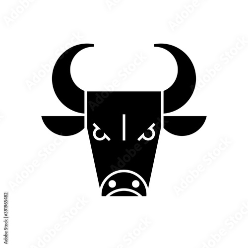 Isolated black head of bull on white background. Agressive angry bull. Logo flat design. Simple icon.