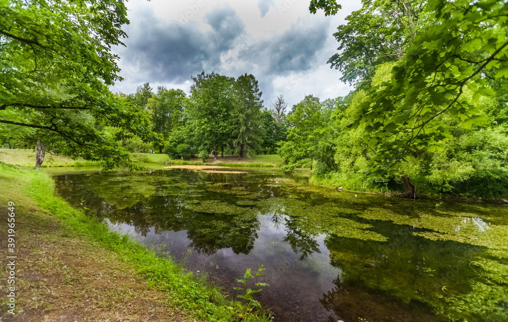 Summer landscape in a city Park with trees, grass, river, sky with clouds Summer landscape in a city Park with trees, grass, river, sky with clouds