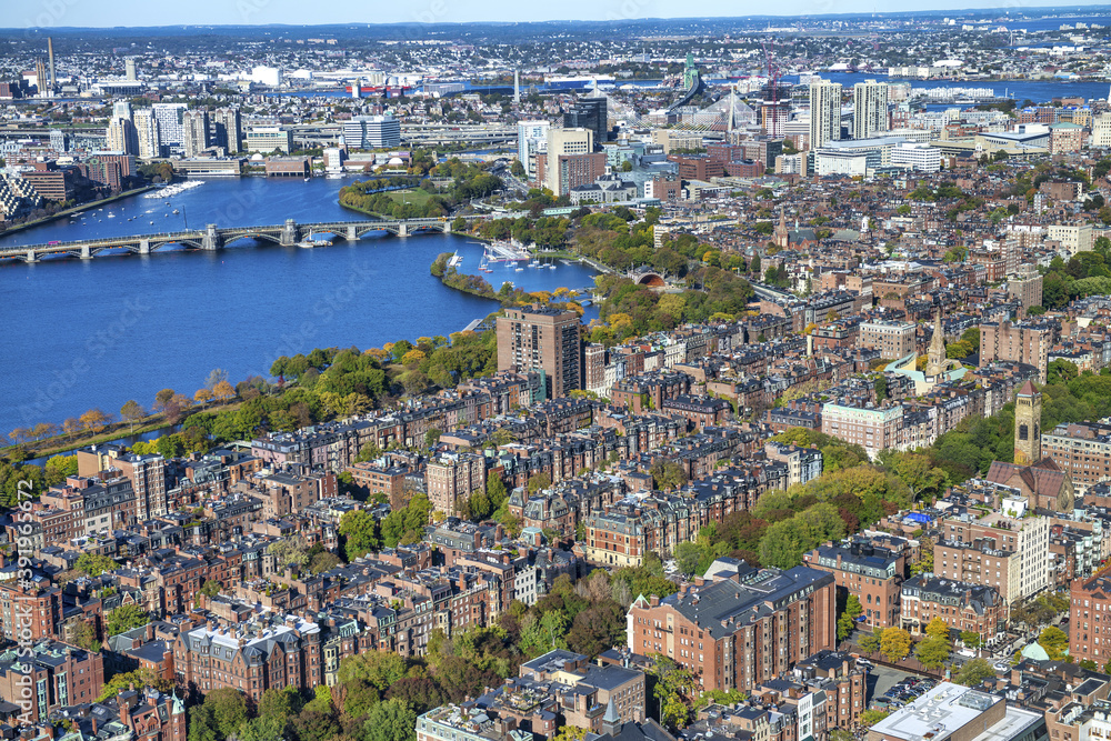Boston aerial skyline. Small houses and city river on a sunny day