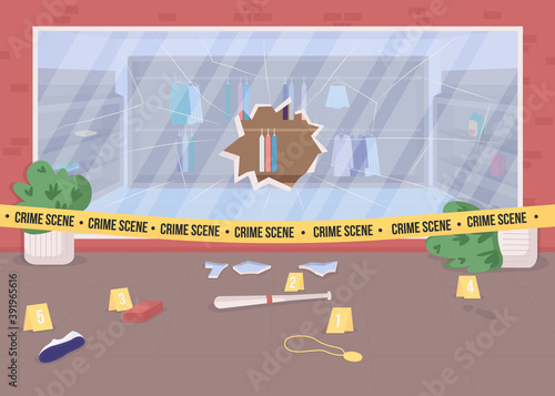 Shop burglary crime scene flat color vector illustration. Broken store window. Crime evidence. Police investigation area. Restricted area 2D cartoon cityscape with police tape on background
